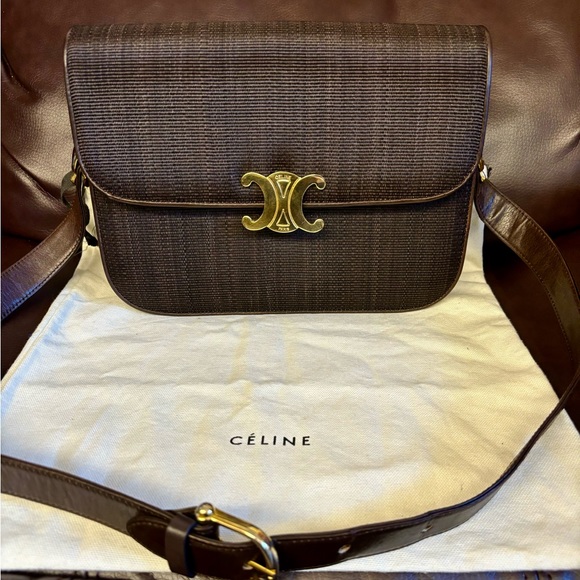 Celine triomphe Medium classique classic box brown canvas flat handbag Vintage - Picture 1 of 16